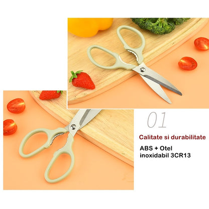 Set foarfeca pentru bucatarie, curatator legume tip suport, multifunctional, spargator nuci, material ABS si otel inoxidabil, maner ergonomic, 16.8 x 7.8 x 1 cm, verde