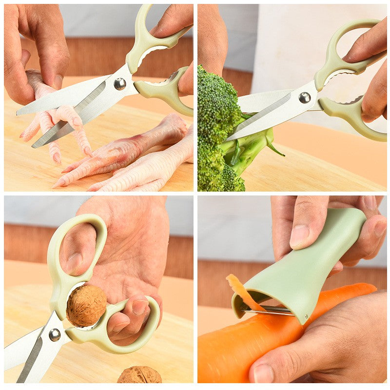 Set foarfeca pentru bucatarie, curatator legume tip suport, multifunctional, spargator nuci, material ABS si otel inoxidabil, maner ergonomic, 16.8 x 7.8 x 1 cm, verde