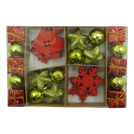 Set de 24 ornamente de brad,  de tip Glob, Rosu/ Auriu, din polistiren, cu finisaj sclipitor , cutie 3 cm adancime x 20 cm lungime x 14 cm inaltime