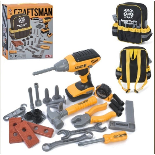 Set Scule de Jucarie pentru Copii, Ghiozdan cu Bormasina si Accesorii Incluse, 28 Piese, Material Plastic Durabil, Interactiv, +3 Ani, 30.5x25x11 cm, Negru/Portocaliu