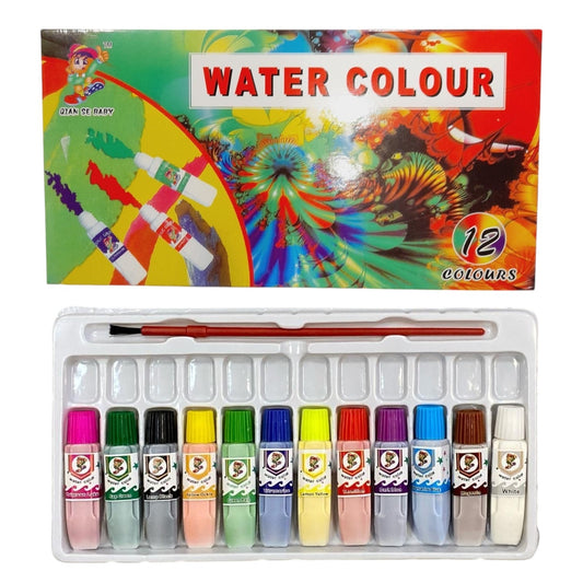 Set Tempera Acuarele la Tub pe Baza de Apa 12x6ml, Diferite Culori 12 bucati/set + Pensula 15cm