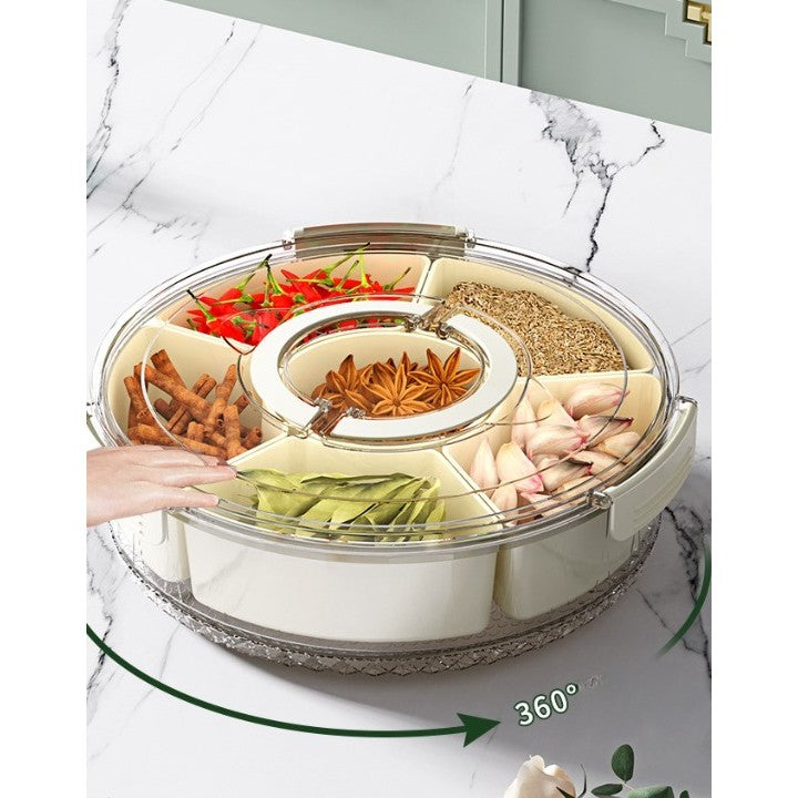 Cutie de Depozitare pentru Alimente, cu 6 Compartimente, pentru Condimente, Fructe, Legume, cu Manere de Prindere, Rotativa 360 de Grade, Inchidere Ermetica, 32x8 cm, Alba