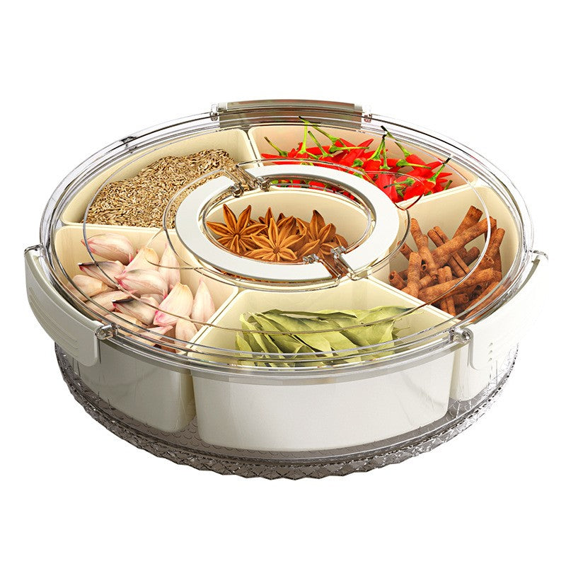 Cutie de Depozitare pentru Alimente, cu 6 Compartimente, pentru Condimente, Fructe, Legume, cu Manere de Prindere, Rotativa 360 de Grade, Inchidere Ermetica, 32x8 cm, Alba
