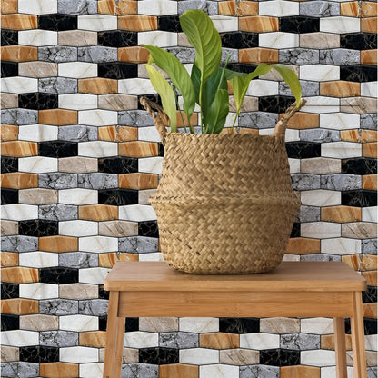 Set 10 x Placi Tapet Autocolant 3D cu Imitatie de Marmura Asimetrica, pentru Perete Bucatarie Sufragerie, Usor de Curatat, Rezistent la Apa, Autoadeziv, 30x30 cm, Maro Gri Negru