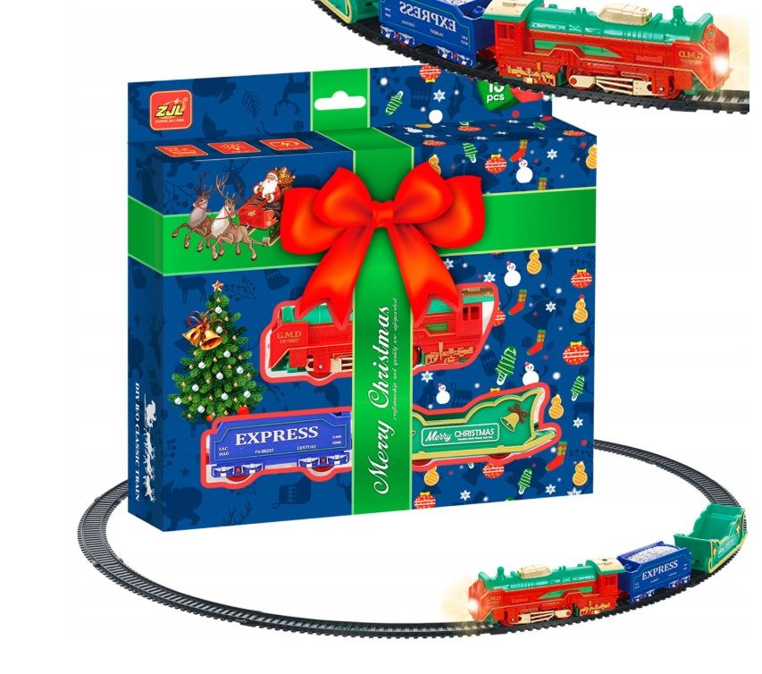Set Trenulet Electric de Jucărie cu Motiv de Crăciun, Locomotivă cu 2 Vagoane, 13 Piese, Lumini Ambientale, 25x25 cm