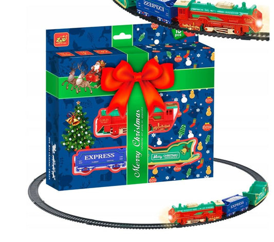 Set Trenulet Electric de Jucărie cu Motiv de Crăciun, Locomotivă cu 2 Vagoane, 13 Piese, Lumini Ambientale, 25x25 cm