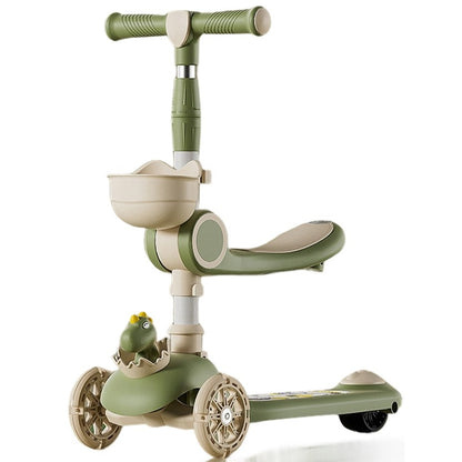 Trotineta Multifunctionala, cu Roti din Silicon, 3 in 1, pentru Copii, 1-7 Ani, cu Lumini si Muzica, Reglabil 360, Pliere Usoara, Reglarea Inaltimii, Model Dinozaur, Bej/Verde