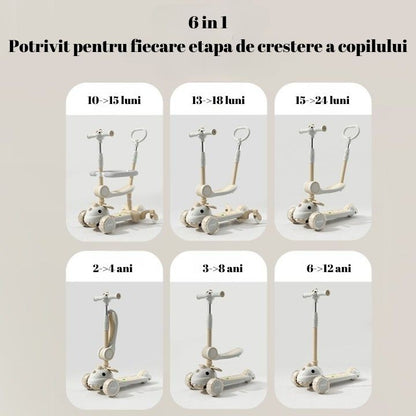 Trotineta Multifunctionala 6 in 1, Pentru Copii De La 10 Luni Pana La 12 Ani, Cu Maner De Impingere, Reglabil 360, Pliere Usoara, Reglarea Inaltimii, Model Dinozaur, Alb/Bej