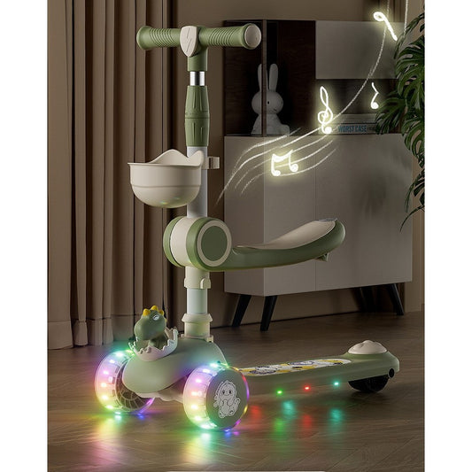 Trotineta Multifunctionala, cu Roti din Silicon, 3 in 1, pentru Copii, 1-7 Ani, cu Lumini si Muzica, Reglabil 360, Pliere Usoara, Reglarea Inaltimii, Model Dinozaur, Bej/Verde