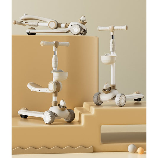 Trotineta Multifunctionala 3 in 1, pentru Copii, 1-7 Ani, cu Lumini si Muzica, Reglabil 360, Pliere Usoara, Reglarea Inaltimii, Model Dinozaur, 67-76 x 24 x 55 cm, Alb/Bej
