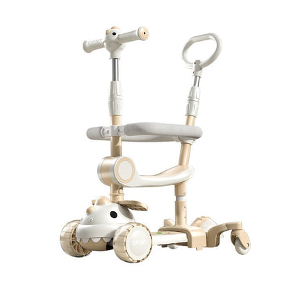 Trotineta Multifunctionala 6 in 1, Pentru Copii De La 10 Luni Pana La 12 Ani, Cu Maner De Impingere, Reglabil 360, Pliere Usoara, Reglarea Inaltimii, Model Dinozaur, Alb/Bej