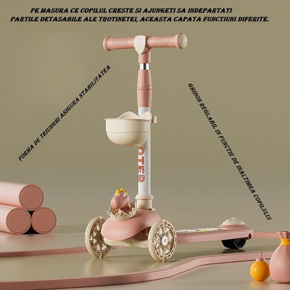 Trotineta Multifunctionala 3 in 1, pentru Copii, 1-7 Ani, cu Lumini si Muzica, Reglabil 360, Pliere Usoara, Reglarea Inaltimii, Model Dinozaur, Alb/Roz