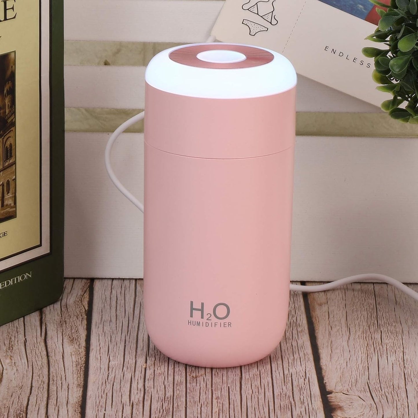 Umidificator, H2O, cu Difuzor de Aroma, Lumina de Noapte LED in 7 Culori, Zgomot Redus, 14.7x7.2cm, 350mL, Culoare Roz