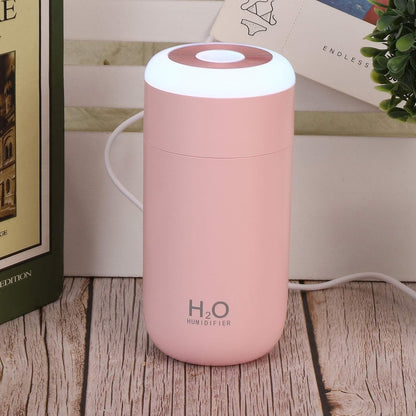 Umidificator, H2O, cu Difuzor de Aroma, Lumina de Noapte LED in 7 Culori, Zgomot Redus, 14.7x7.2cm, 350mL, Culoare Roz
