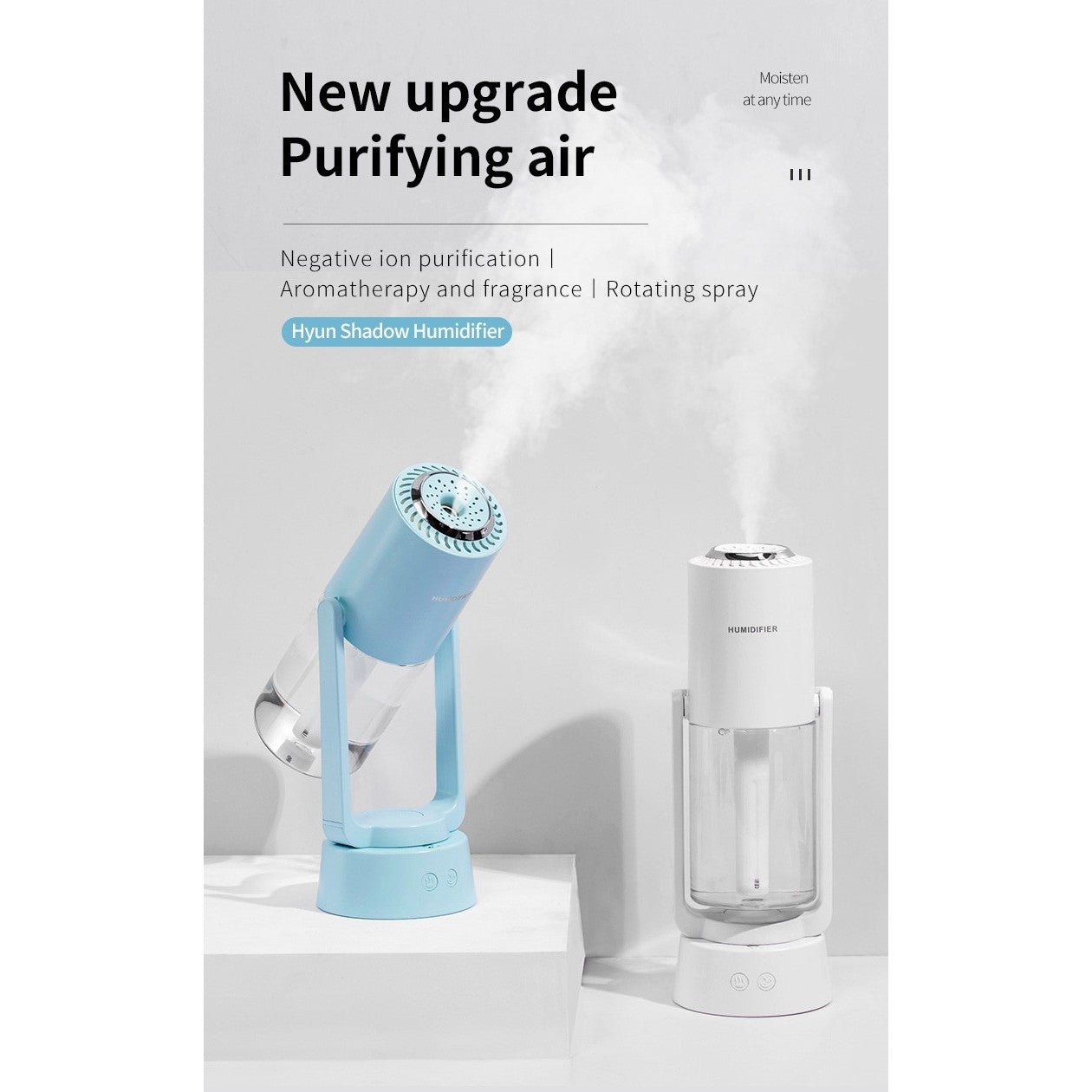 Umidificator si Purificator aer ultrasonic portabil, rezervor 200ml, cu ioni negativi, LED 7 culori, rotatie 360 grade, Roz